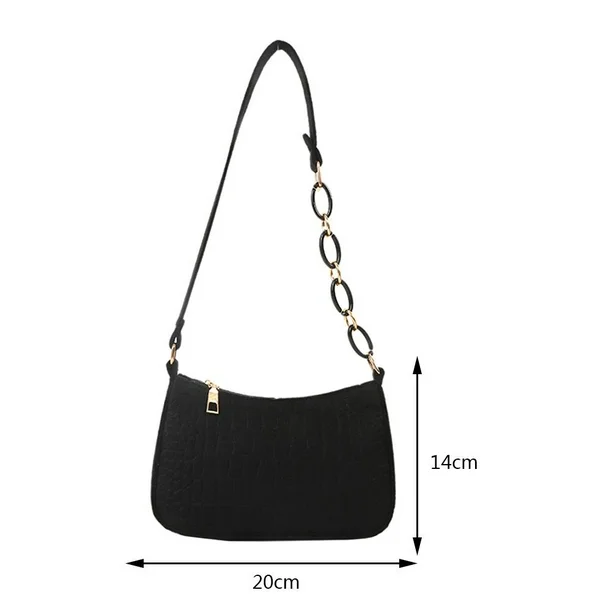 Black Croc-Embossed Baguette Bag A small black crocodile-embossed faux leather baguette bag with a gold chain link strap.
