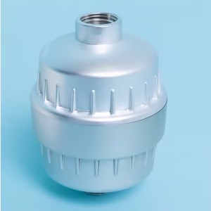 Universal Multi-Stage High Output Shower Filter , a silver, metallic, cylindrical universal shower filter, wrapped in a clear plastic bag, with visible threading and ridges for grip.