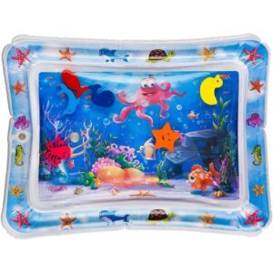 Inflatable Baby Water Play Mat - Tummy Time Water Mat , a colorful inflatable baby water play mat featuring an ocean theme with floating cartoon sea creatures like an octopus, fish, a whale, and a crab visible inside the water-filled center.