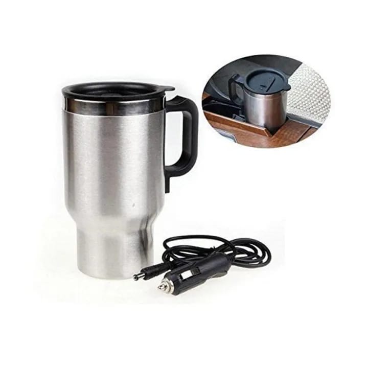 12V Electric Heated Travel Mug a stainless steel heated travel mug with a black handle and lid, shown alongside its power cord and cigarette lighter adapter, with a small inset image of the mug sitting in a car cup holder.