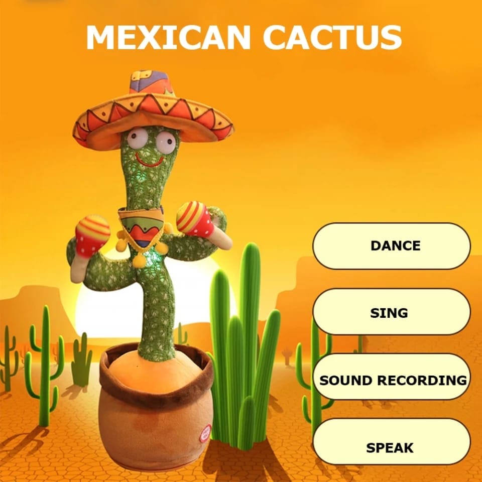 A green plush dancing cactus toy with a sombrero and maracas in a pot against a desert background. Text on the image advertises functions like Dance, Sing, Sound Recording, and Speak.