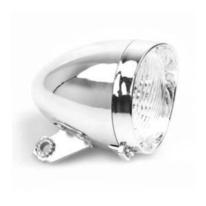 Classic Chrome Vintage Bicycle LED Headlight a shiny, chrome-finished, bullet-shaped vintage-style LED bicycle headlight with a silver mounting bracket attached to the base, viewed from a three-quarter angle.