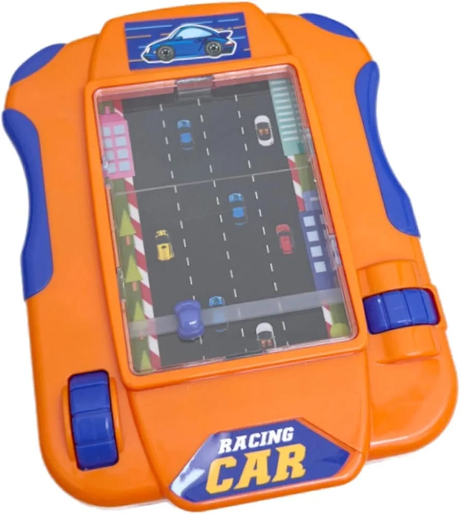 Handheld Simulation Racing Car Game Toy - Adventure Racing Game , handheld orange and blue toy racing car game machine with a steering wheel control.